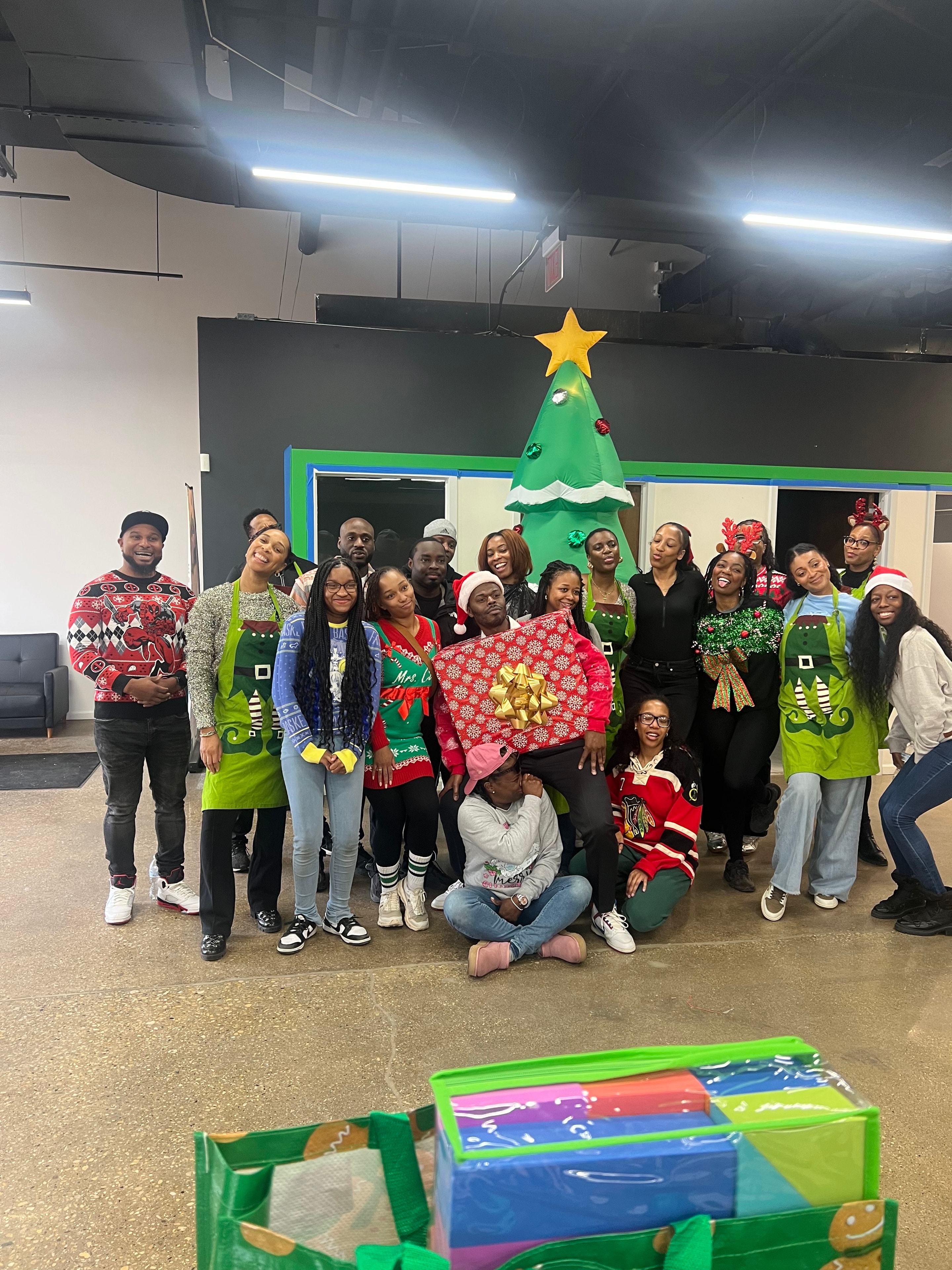 Holiday ugly sweater group photo
